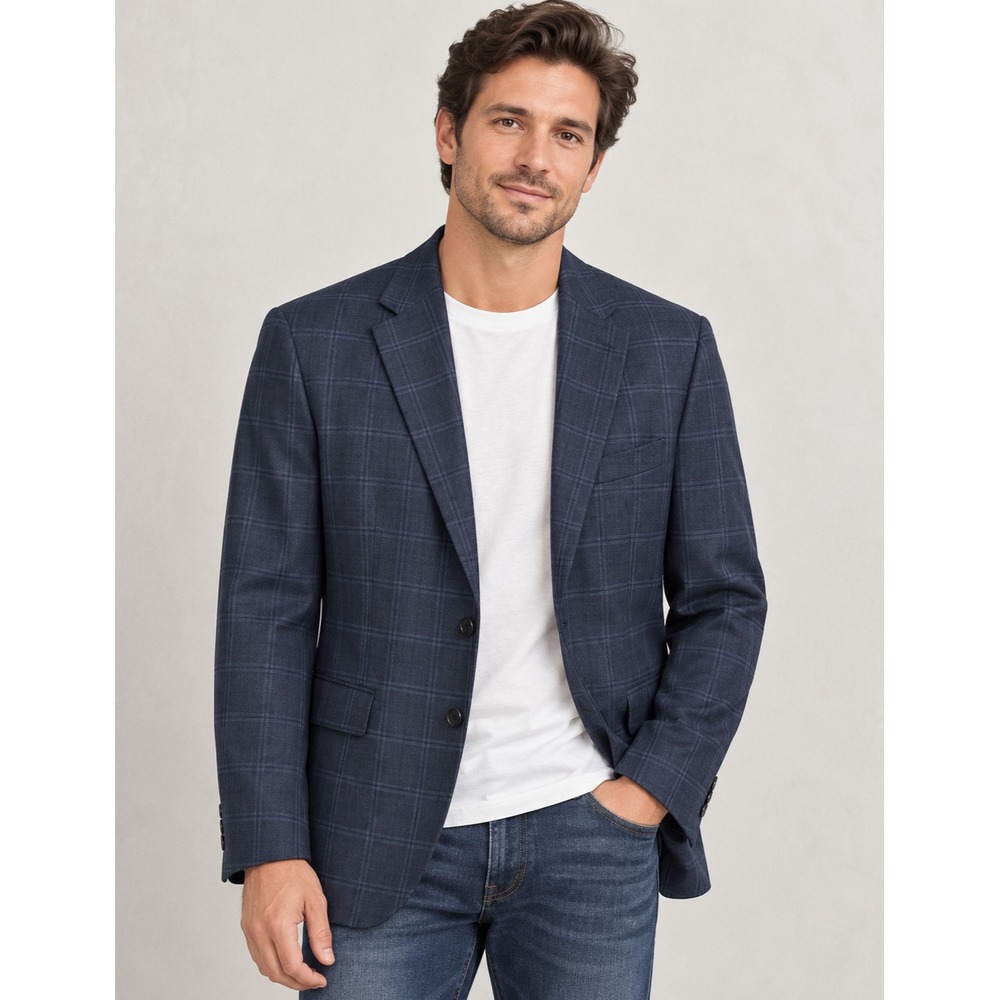 Hugo Boss Mens Jewels5 Blazer 40R Navy 100% Virgin Wool Windowpane Regular Fit